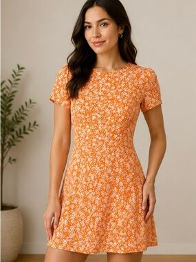 Dynamite Orange Floral Mini Dress Women’s Medium Short Sleeve Summer Dress